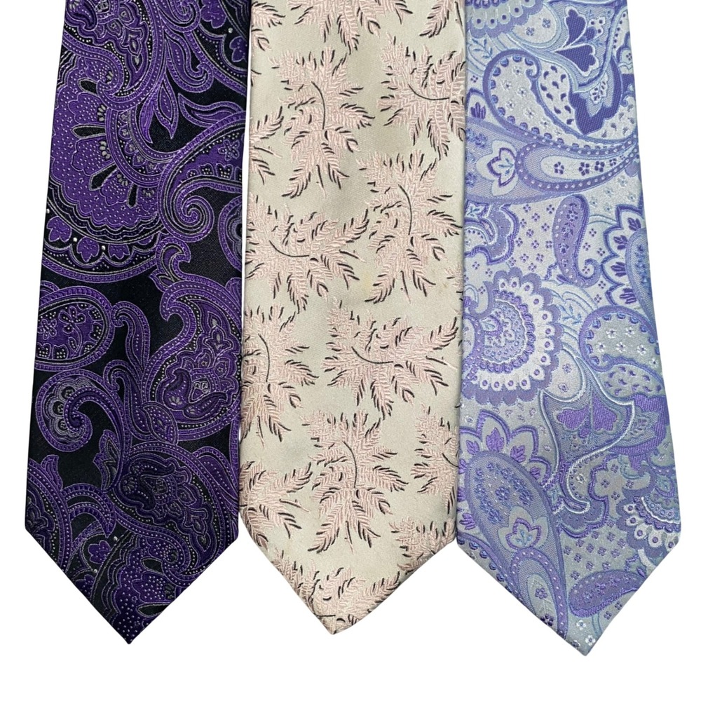 Geoffrey Beene Pavone Mens Silk Tie Lot 3 Paisley Floral Purple Pink Lavender
